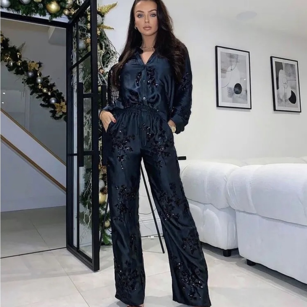 Zara embroidered sequin pants